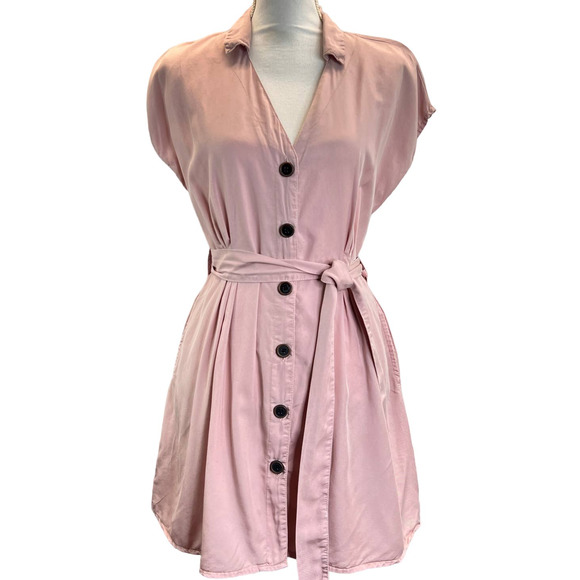 Zara Belted Mini Dress Pink Size S Button Front V Neck Lightweight Dolman Sleeve - Picture 4 of 11
